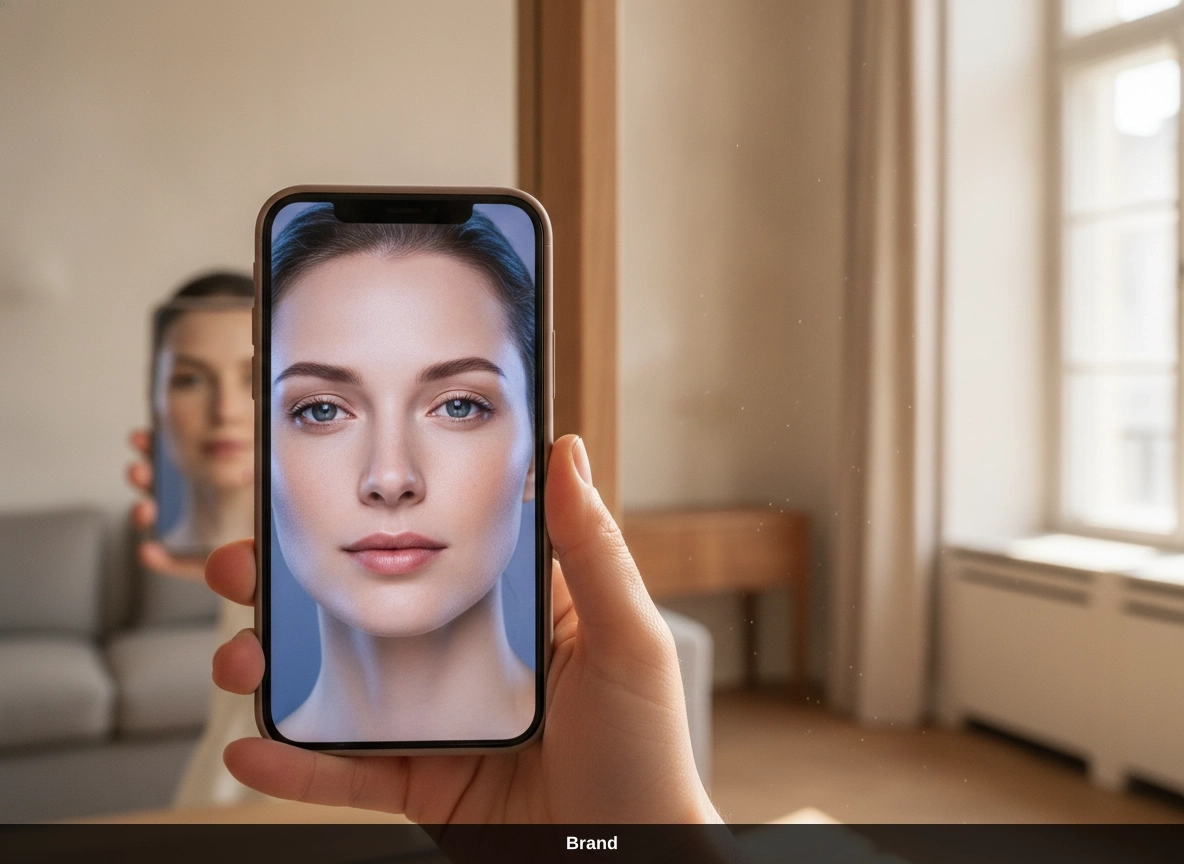 Hand hält Smartphone mit gefiltertem Gesicht, im Kontrast zu echter Haut nach Microneedling in Wien.