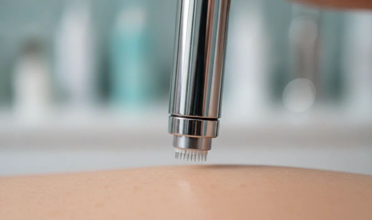Nahaufnahme eines Microneedling-Geräts zur Hauterneuerung und Porenverfeinerung in Wien.