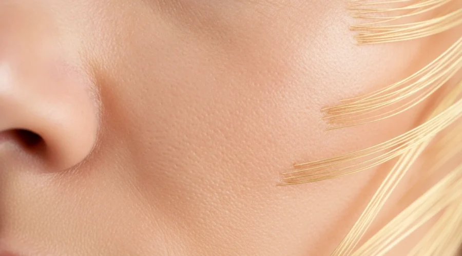 Nahaufnahme einer Wange bei der Anti-Aging Behandlung durch Microneedling für eine glatte Hautstruktur.