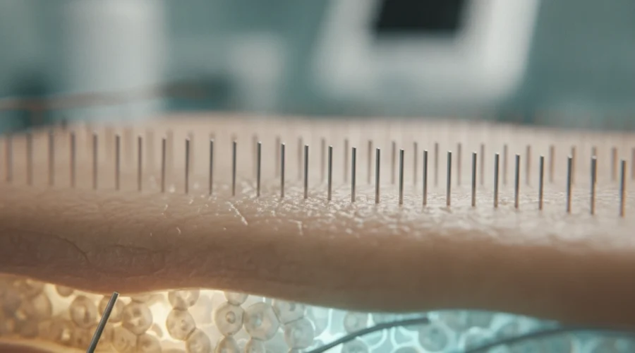 Mikroverletzungen der Haut bei der Kollagen-Induktionstherapie zur effektiven Hautverjüngung.