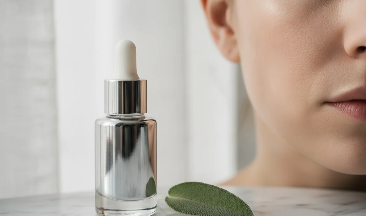 Serumflasche neben einem Blatt für Microneedling-Hauterneuerung in Wien.