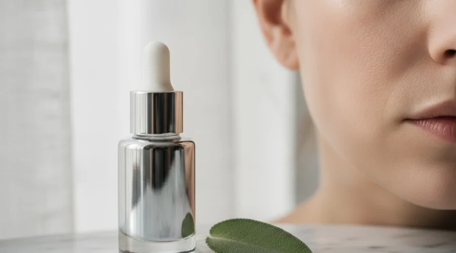Serumflasche neben einem Blatt für Microneedling-Hauterneuerung in Wien.