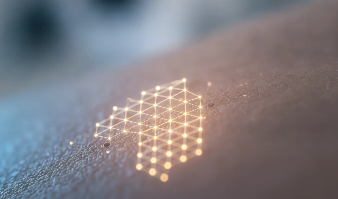 Digitales Gitter auf der Haut symbolisiert den Kollagenaufbau und die Zellerneuerung durch Microneedling.