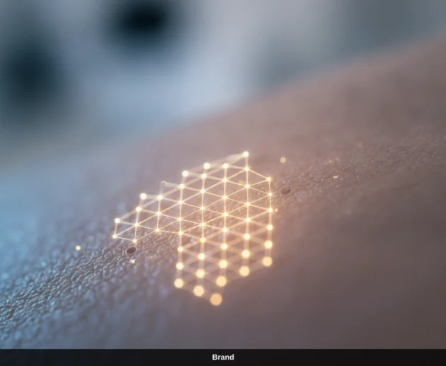 Digitales Gitter auf der Haut symbolisiert den Kollagenaufbau und die Zellerneuerung durch Microneedling.