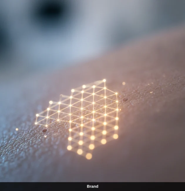 Digitales Gitter auf der Haut symbolisiert den Kollagenaufbau und die Zellerneuerung durch Microneedling.