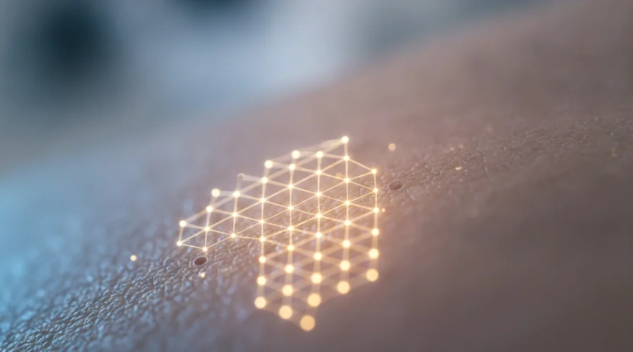 Digitales Gitter auf der Haut symbolisiert den Kollagenaufbau und die Zellerneuerung durch Microneedling.