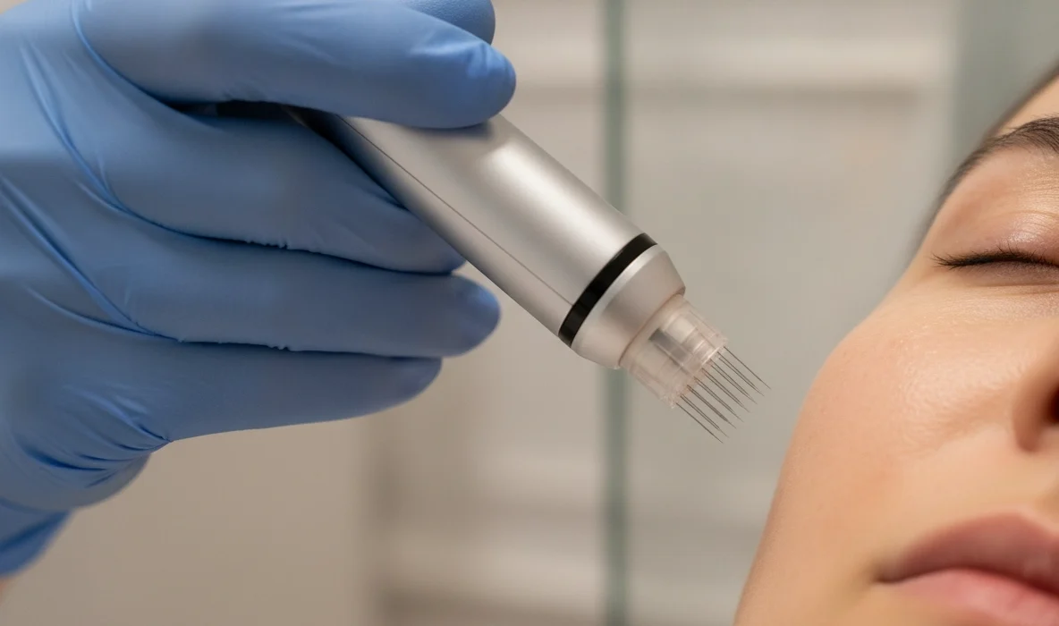 Microneedling in Wien: Ein Pen behandelt die Haut zur Verjüngung und Narbenbehandlung.
