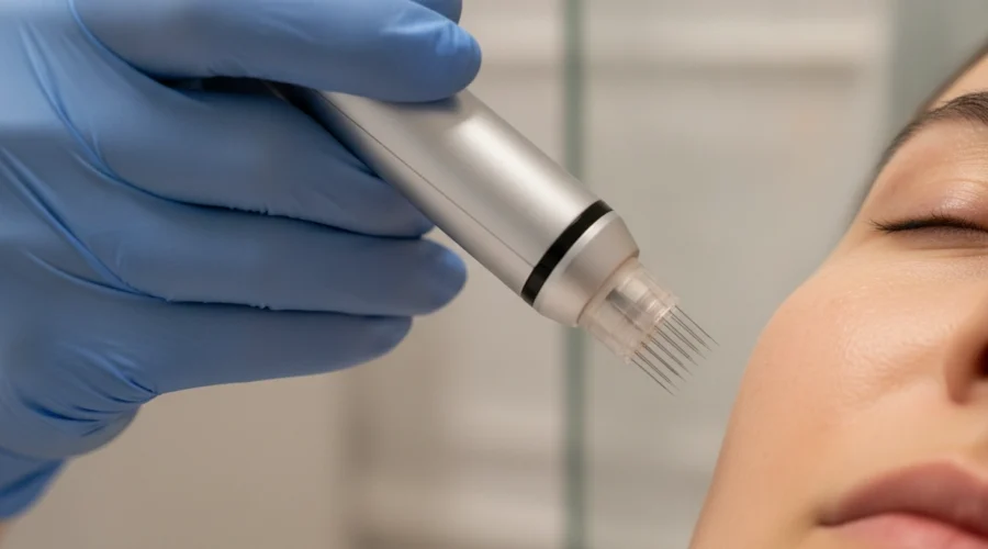 Microneedling in Wien: Ein Pen behandelt die Haut zur Verjüngung und Narbenbehandlung.
