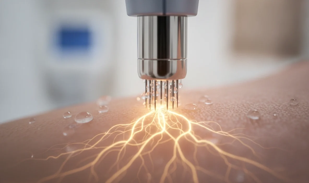 Microneedling Behandlung: Nadeln dringen in die Haut ein, um die Kollagensynthese zu stimulieren.