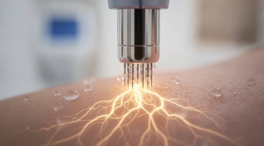Microneedling Behandlung: Nadeln dringen in die Haut ein, um die Kollagensynthese zu stimulieren.