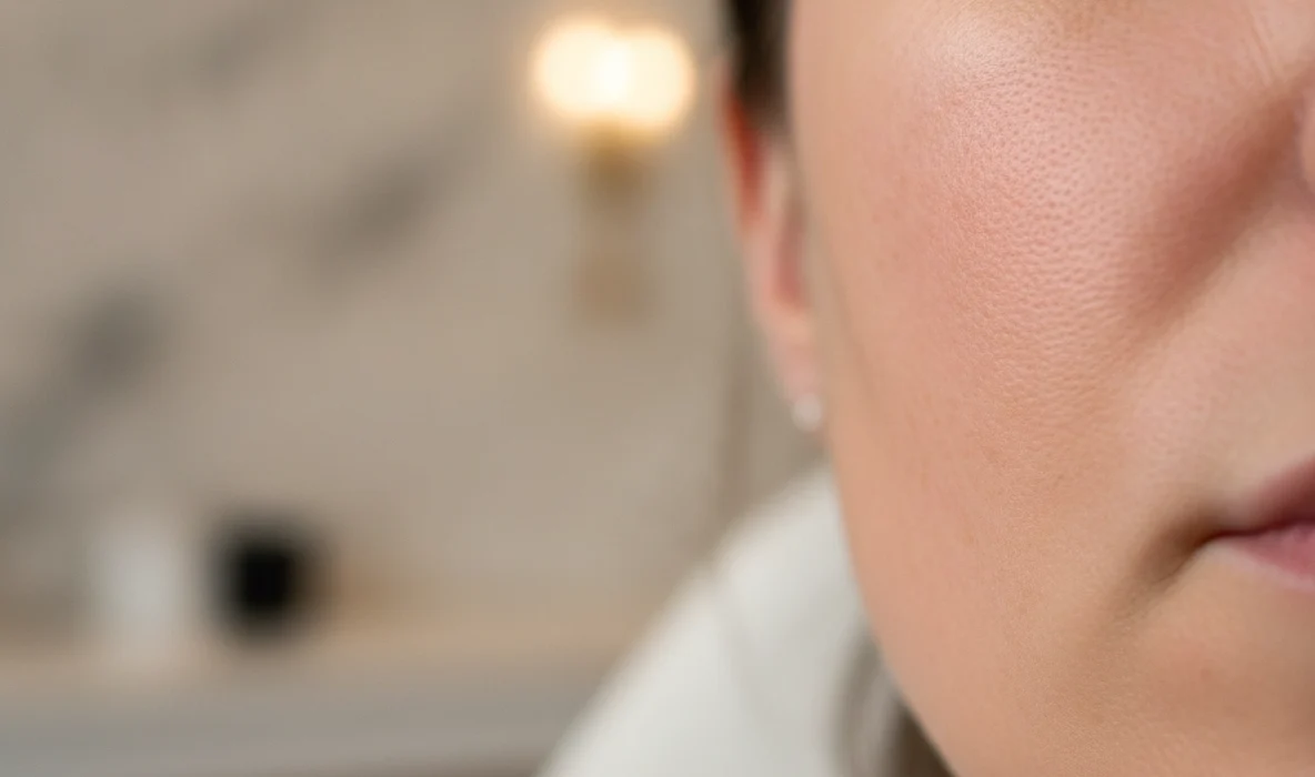 Nahaufnahme einer Wange nach dem Microneedling in Wien zur Porenverfeinerung.