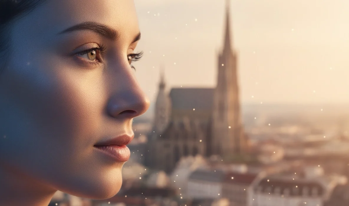 Frau vor Wiener Skyline für die Microneedling Terminplanung in Wien.