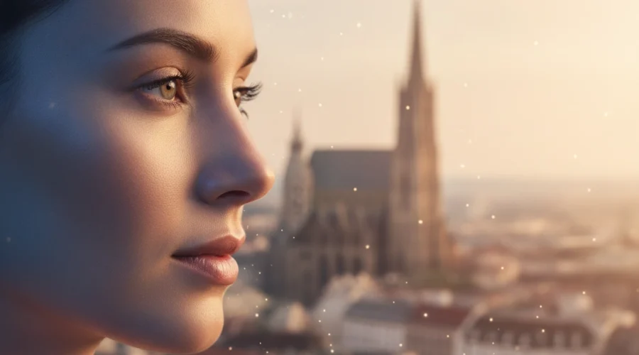 Frau vor Wiener Skyline für die Microneedling Terminplanung in Wien.