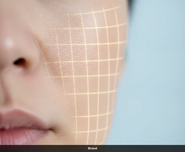Nahaufnahme eines Gesichts mit Gittergrafik zur Veranschaulichung der Microneedling Wirkung gegen große Poren.