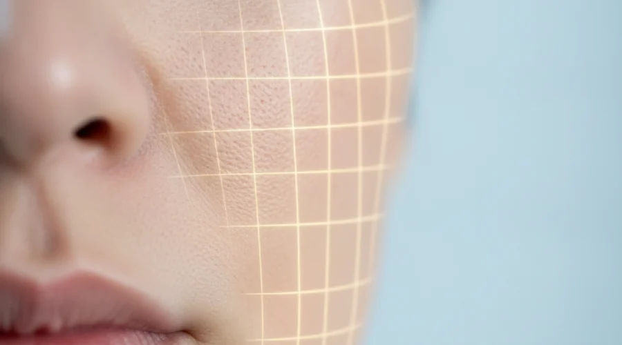 Nahaufnahme eines Gesichts mit Gittergrafik zur Veranschaulichung der Microneedling Wirkung gegen große Poren.