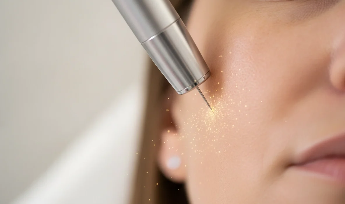Nahaufnahme einer Microneedling Behandlung zur Hauterneuerung durch Nadeln im Gesicht.
