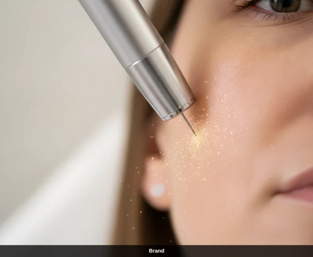 Nahaufnahme einer Microneedling Behandlung zur Hauterneuerung durch Nadeln im Gesicht.