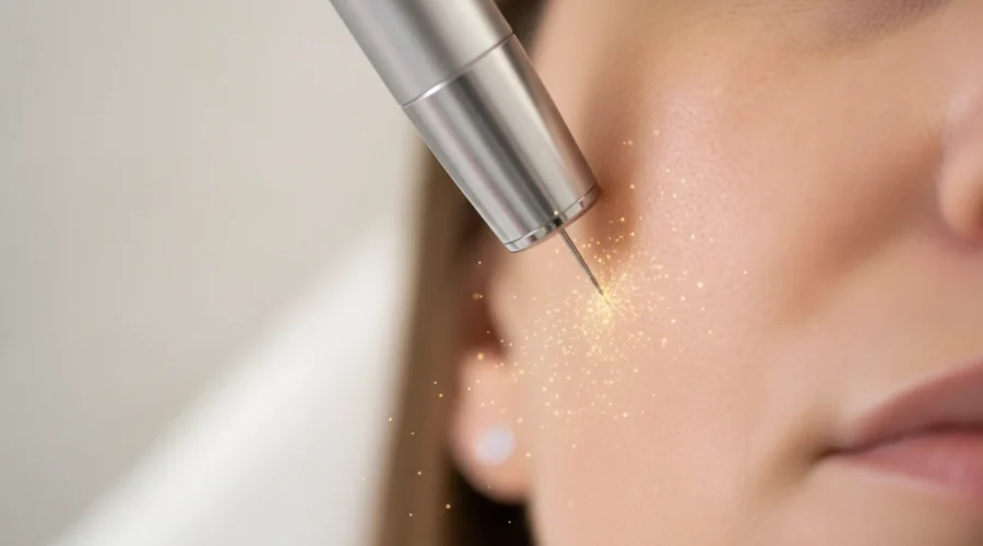 Nahaufnahme einer Microneedling Behandlung zur Hauterneuerung durch Nadeln im Gesicht.