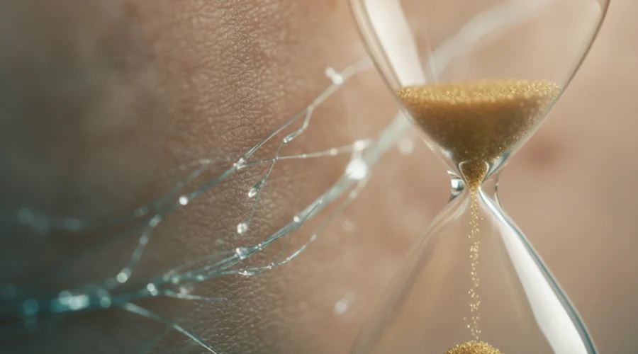 Sanduhr vor Hautstruktur symbolisiert die Dauer der Hauterneuerung und den Kollagenaufbau nach Microneedling.