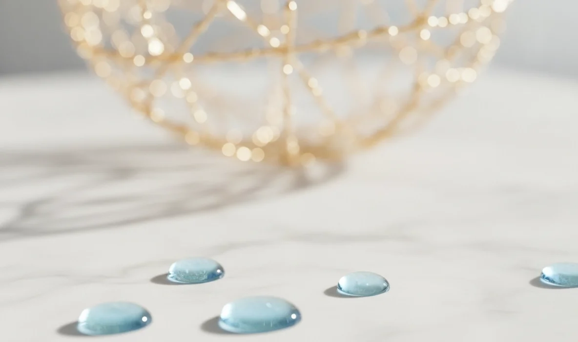 Blaue Tropfen auf Marmor für Microneedling Nachsorge Tipps und Poren verfeinern Effekte.