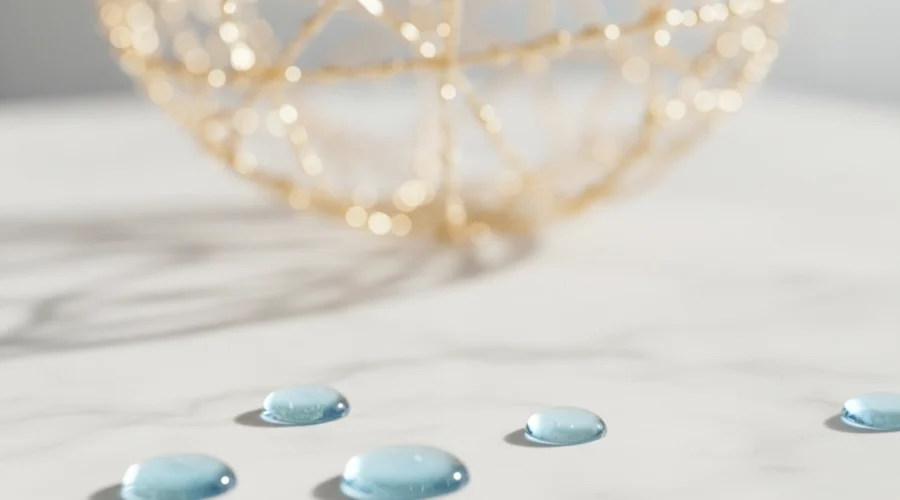 Blaue Tropfen auf Marmor für Microneedling Nachsorge Tipps und Poren verfeinern Effekte.