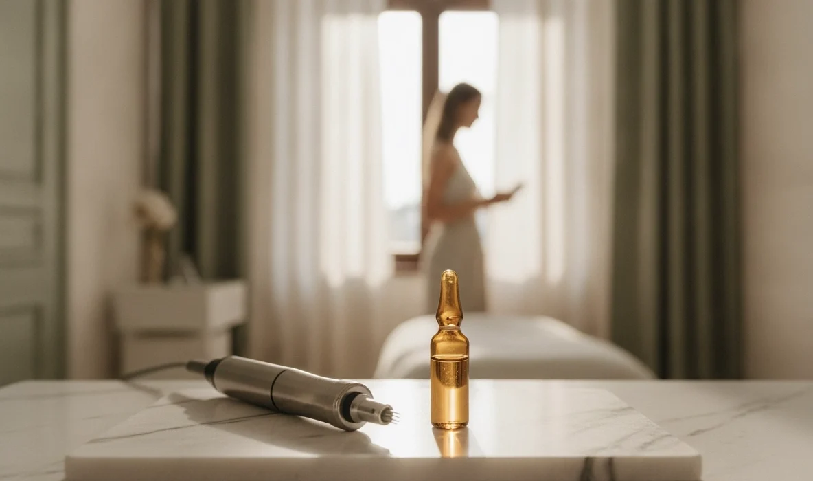 Dermapen Wien Kosten: Medizinisches Microneedling Gerät und Serum-Ampulle in einer exklusiven Praxis.