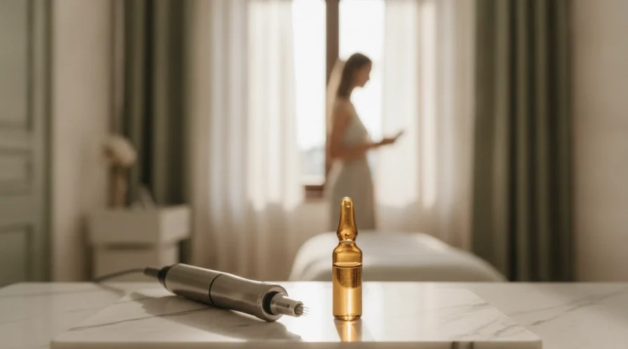Dermapen Wien Kosten: Medizinisches Microneedling Gerät und Serum-Ampulle in einer exklusiven Praxis.