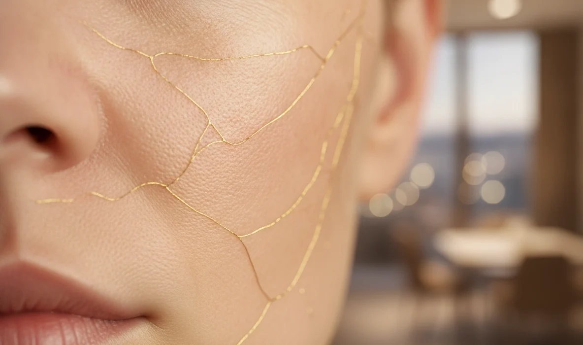 Hautregeneration Dauer: Goldene Linien symbolisieren die Microneedling Wirkung auf das Hautbild.