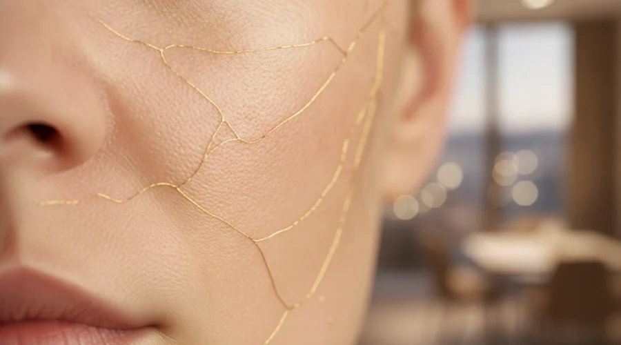 Hautregeneration Dauer: Goldene Linien symbolisieren die Microneedling Wirkung auf das Hautbild.
