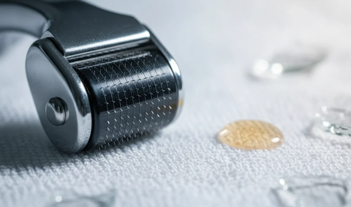 Nahaufnahme eines Dermarollers mit feinen Nadeln zur Vermeidung von Microneedling Risiken.