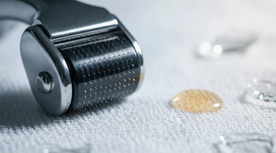 Nahaufnahme eines Dermarollers mit feinen Nadeln zur Vermeidung von Microneedling Risiken.