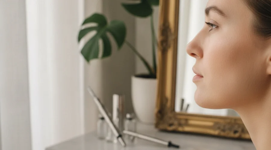 Frau im Kosmetikstudio Wien vor einer Nadeltherapie Gesicht zur Hautregeneration.