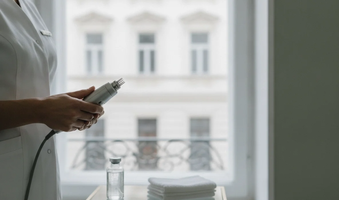 Microneedling Ablauf in Wien: Fachkraft hält Gerät zur Hauterneuerung durch Nadeln vor Fenster.