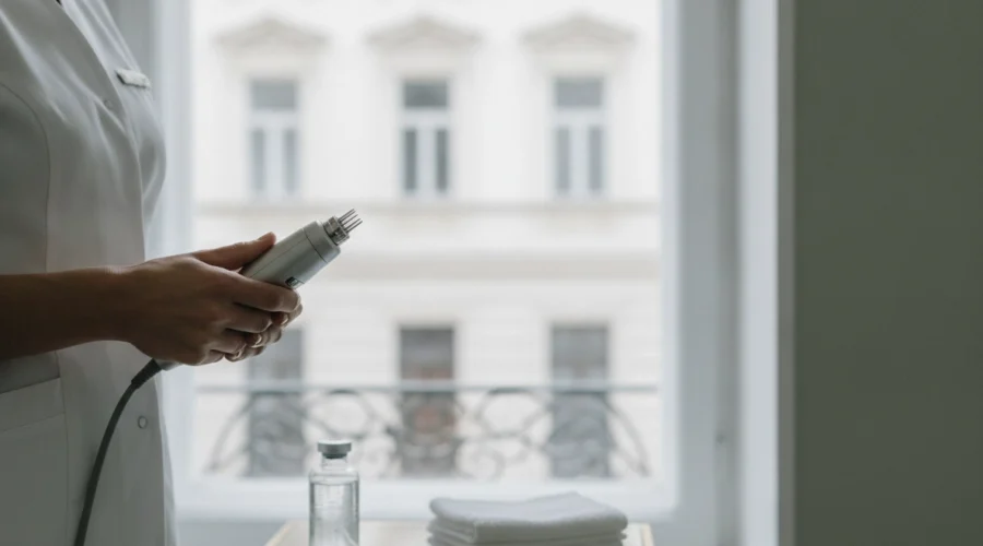 Microneedling Ablauf in Wien: Fachkraft hält Gerät zur Hauterneuerung durch Nadeln vor Fenster.