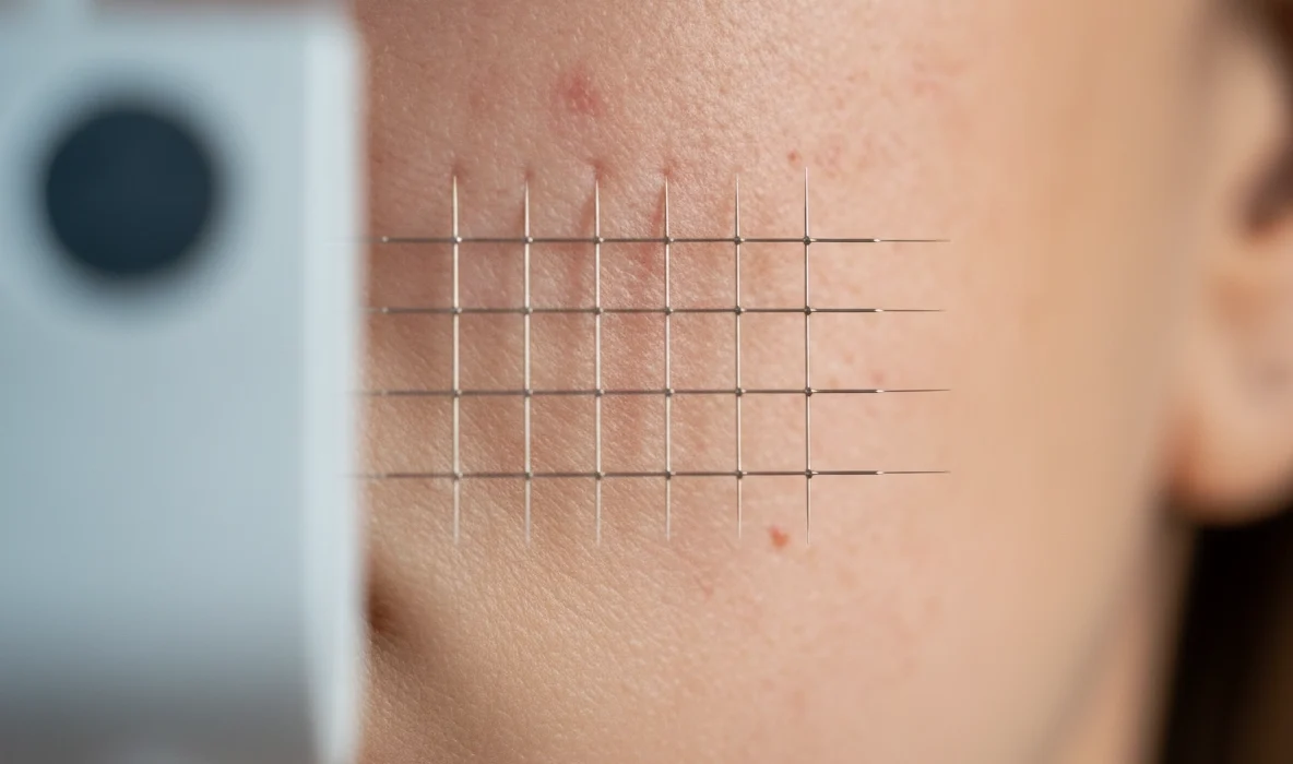 Microneedling bei empfindlicher Haut: Nadeln dringen in gerötete Gesichtshaut ein.