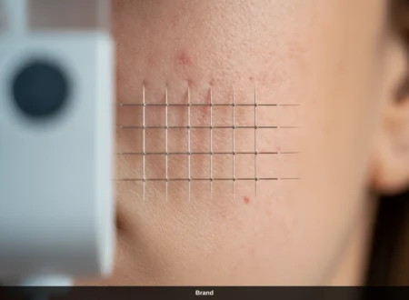 Microneedling bei empfindlicher Haut: Nadeln dringen in gerötete Gesichtshaut ein.