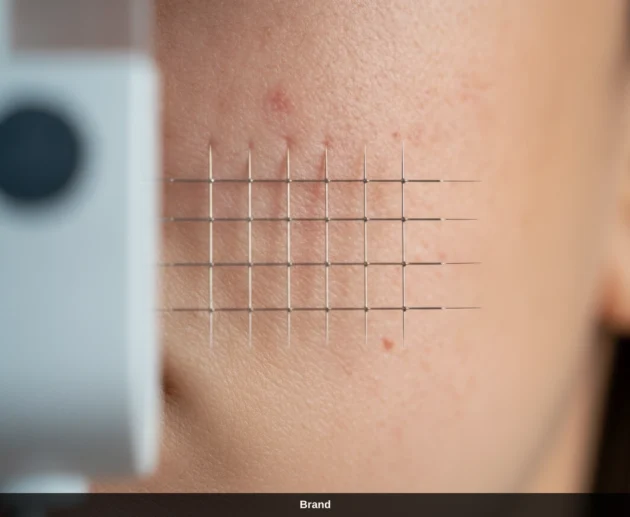 Microneedling bei empfindlicher Haut: Nadeln dringen in gerötete Gesichtshaut ein.