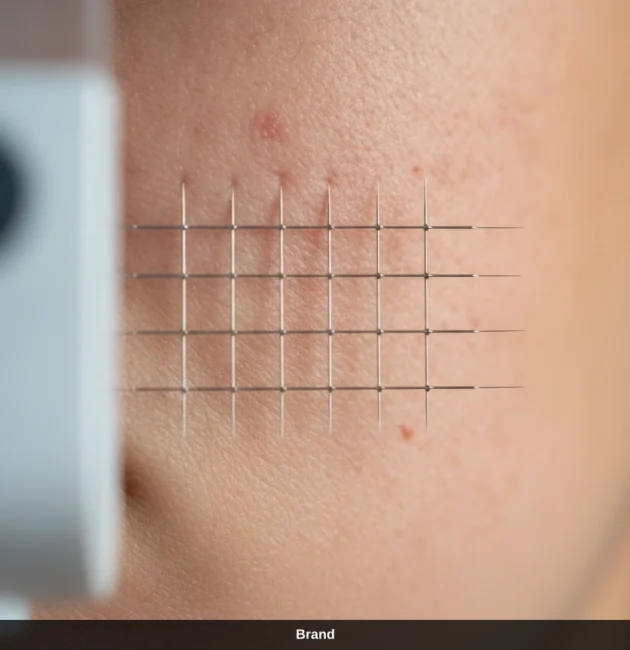 Microneedling bei empfindlicher Haut: Nadeln dringen in gerötete Gesichtshaut ein.