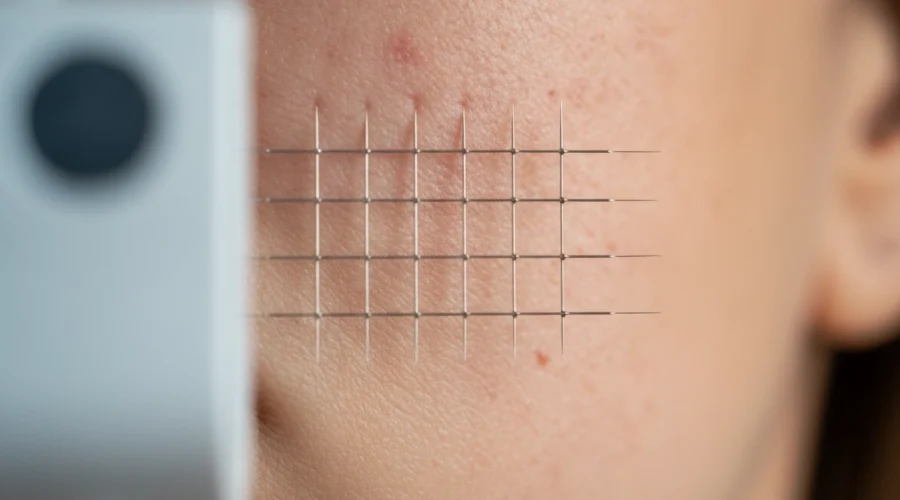 Microneedling bei empfindlicher Haut: Nadeln dringen in gerötete Gesichtshaut ein.