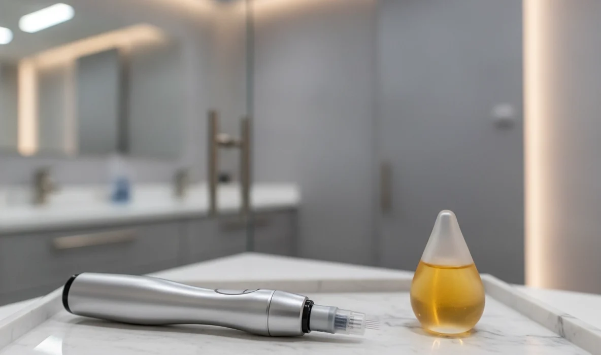 Silberner Needling Pen und Microneedling Serum Wirkung für medizinische Kosmetik in Wien.