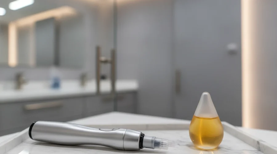 Silberner Needling Pen und Microneedling Serum Wirkung für medizinische Kosmetik in Wien.