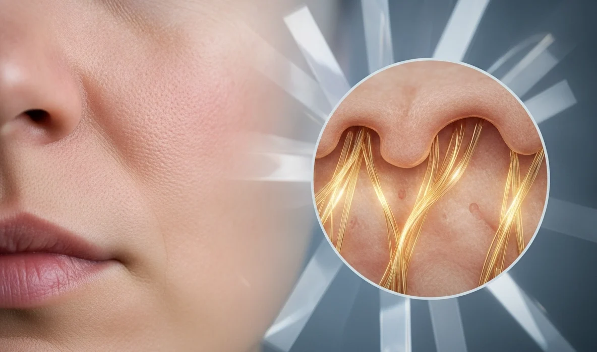 Nahaufnahme Gesicht mit Grafik zum Kollagenaufbau der Haut durch Microneedling Wirkung.