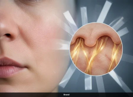 Nahaufnahme Gesicht mit Grafik zum Kollagenaufbau der Haut durch Microneedling Wirkung.