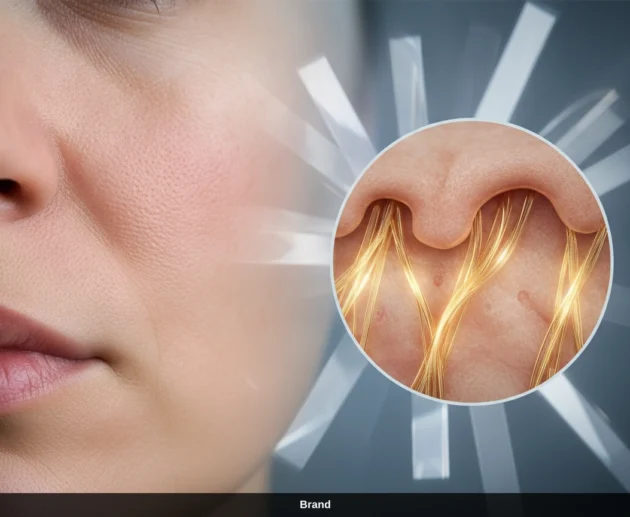 Nahaufnahme Gesicht mit Grafik zum Kollagenaufbau der Haut durch Microneedling Wirkung.