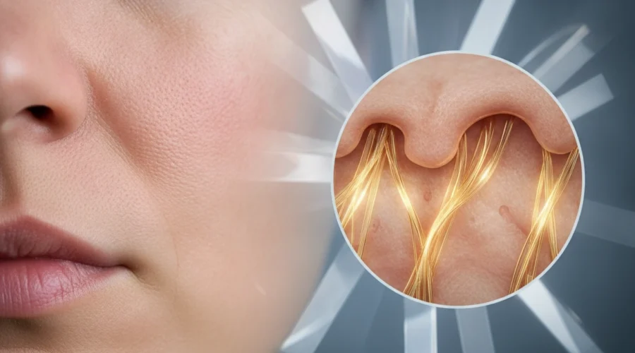 Nahaufnahme Gesicht mit Grafik zum Kollagenaufbau der Haut durch Microneedling Wirkung.