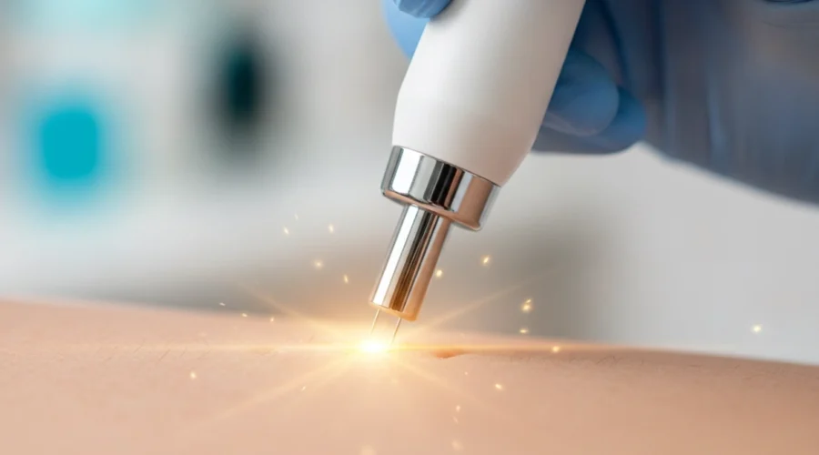 Microneedling Behandlung mit Pen zur Hauterneuerung und um Kollagenproduktion anzuregen.