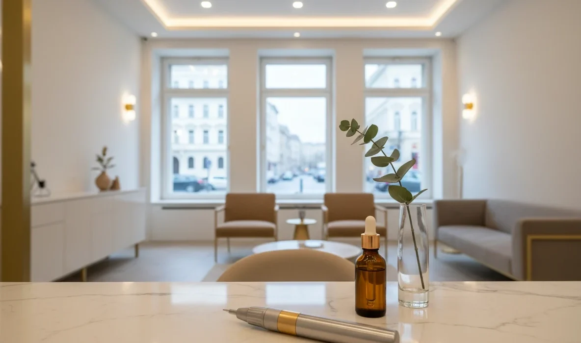 Moderne Praxis für Microneedling in Wien mit einem Dermapen auf dem Tisch.