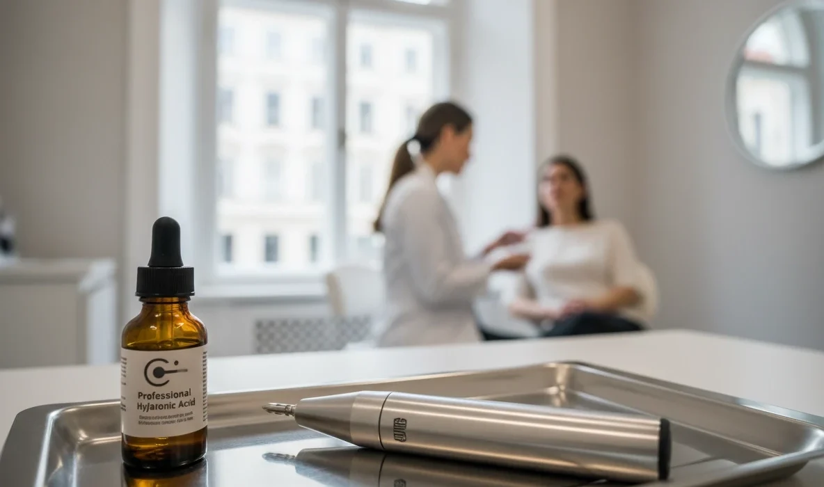 Dermapen Behandlung und Serum auf Tablett vor Beratung in Praxis in Wien.