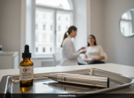 Dermapen Behandlung und Serum auf Tablett vor Beratung in Praxis in Wien.