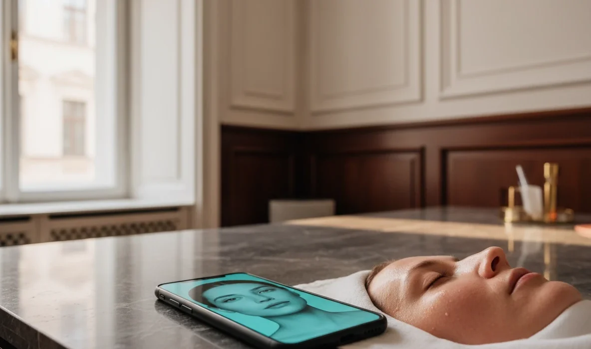 Eine Frau liegt auf einer Liege neben einem Smartphone, das ein retuschiertes Gesicht zeigt, passend zu kritischen microneedling erfahrungen in wien.